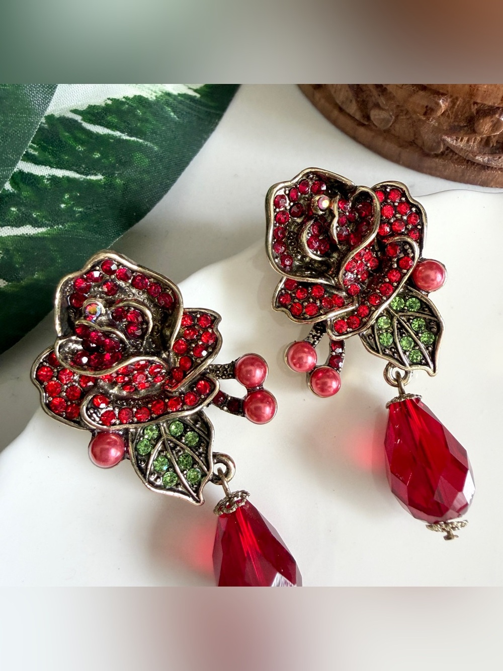 Red Rose Earrings Vintage Style Flower Rhinestone Bead Flamenco Jewelry Gift NEW - Picture 7 of 12